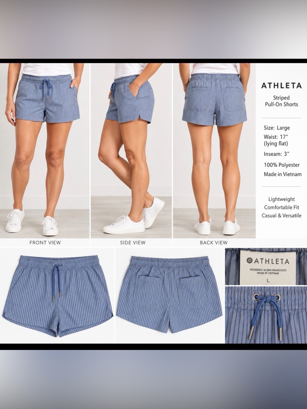 Athleta Striped Pull-On Shorts Large Blue Gray Drawstring 3” Inseam